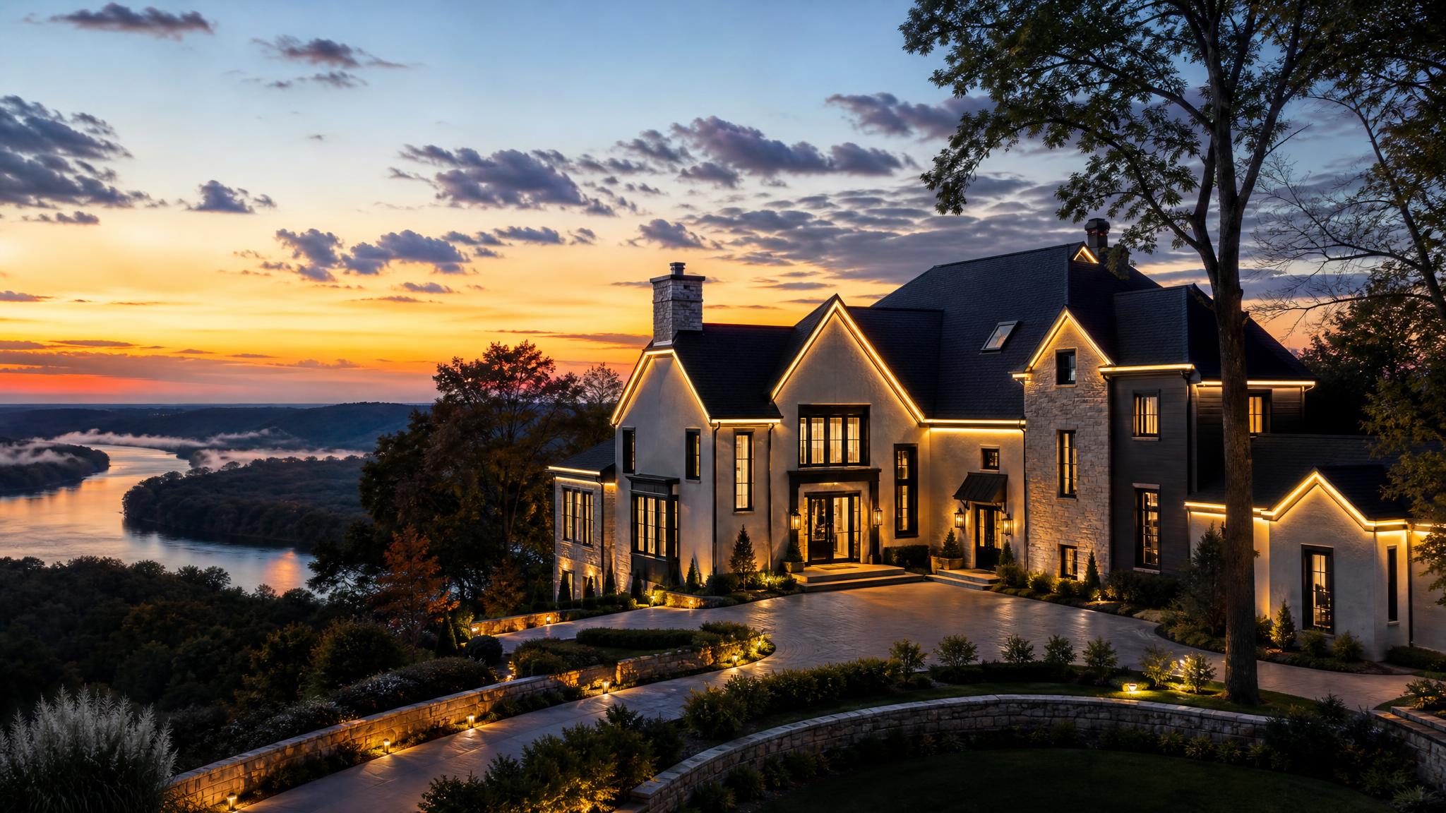 Permanent warm-white LED roofline system on an Indiana home at dusk