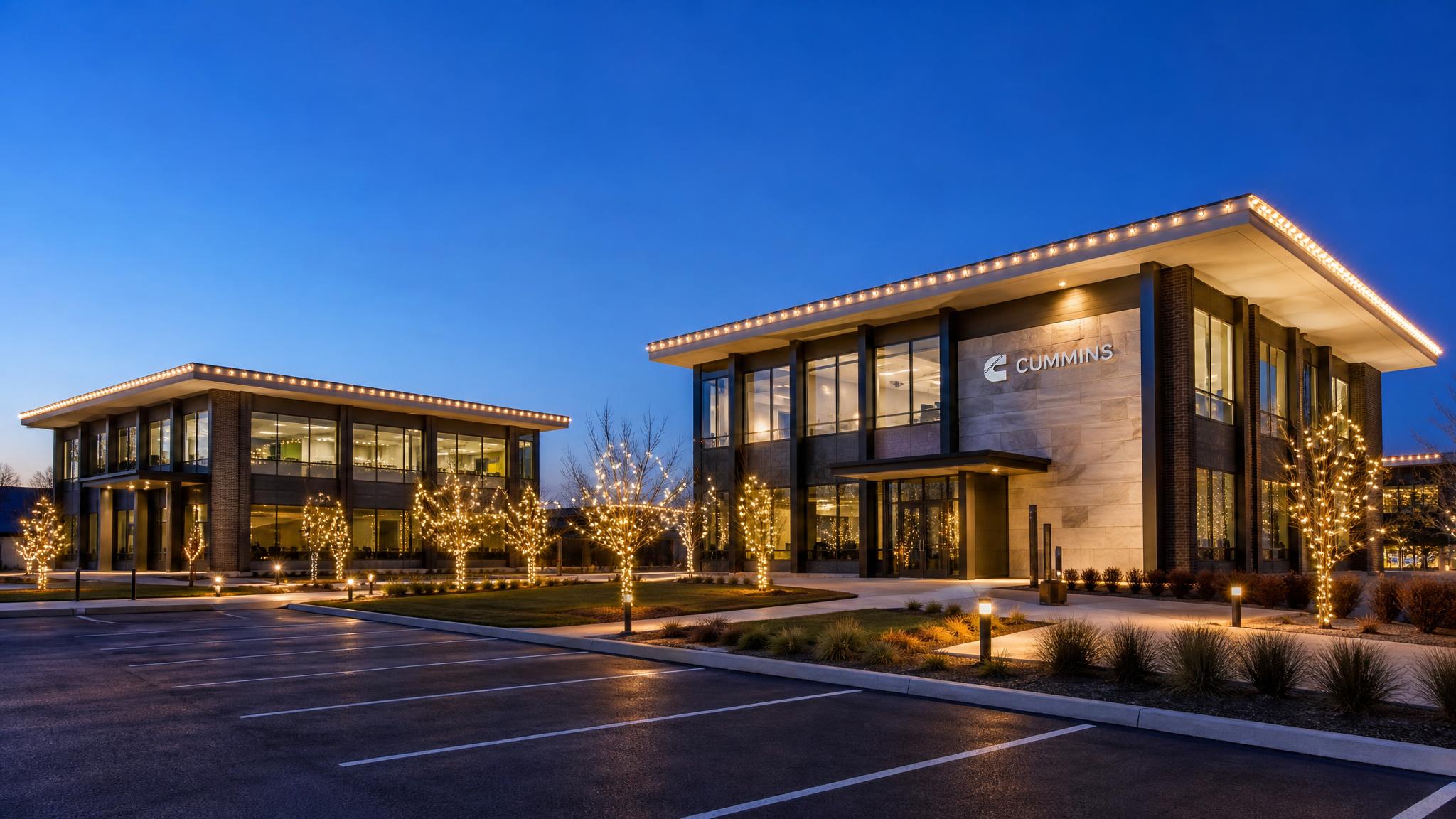Coordinated roofline and entrance lighting on a corporate office campus