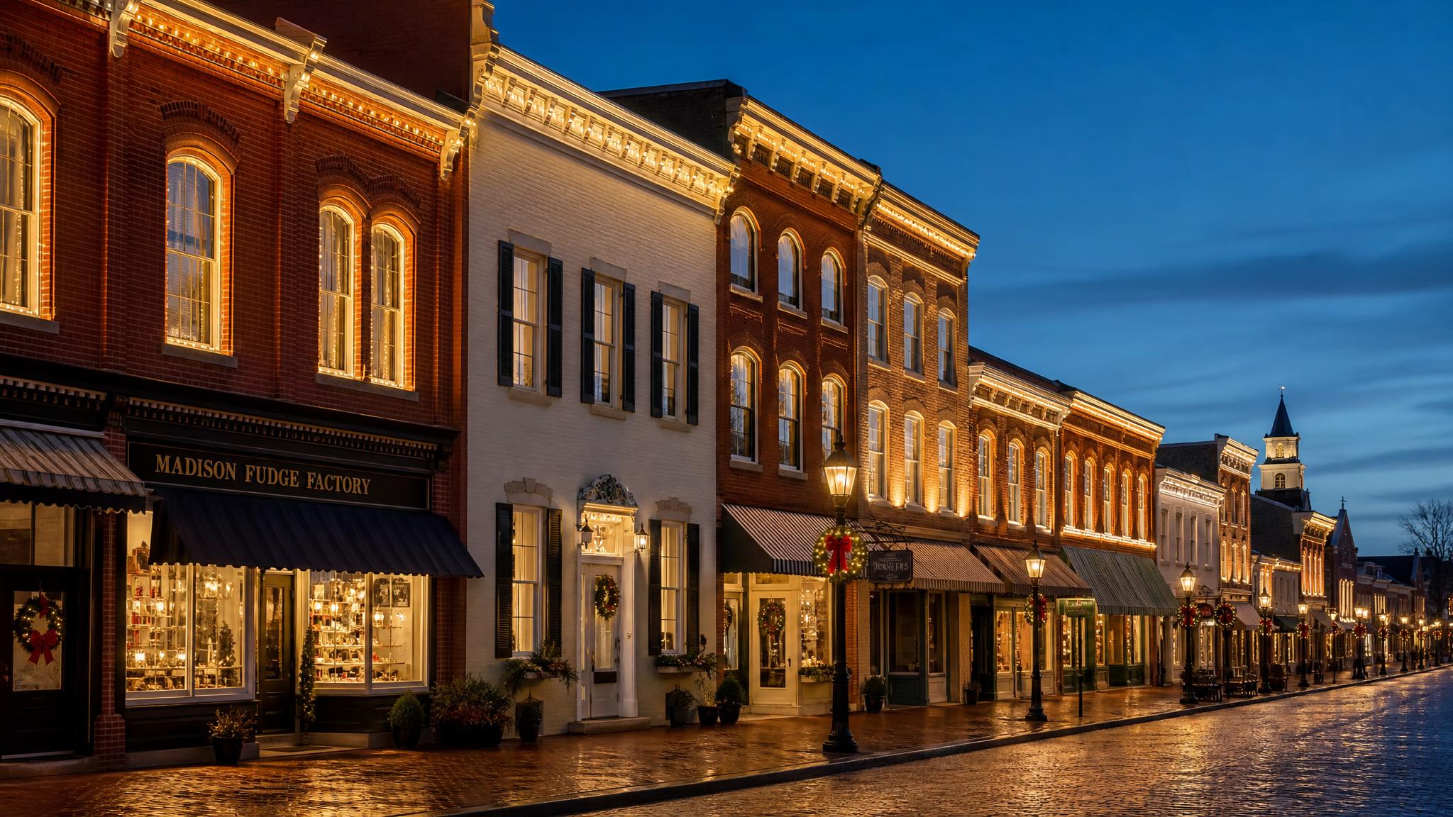 Masonry-safe holiday lighting across historic Main Street storefronts