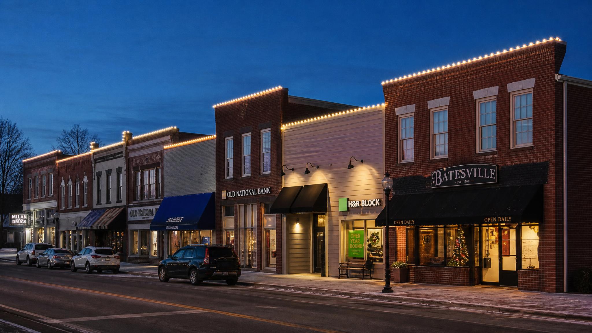 Multi-tenant retail plaza holiday package with a continuous parapet roofline run in Indiana