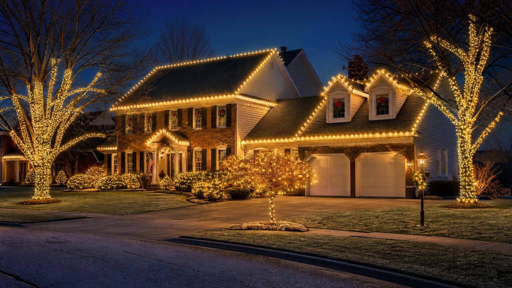Full residential holiday display with roofline outlining and tree wraps