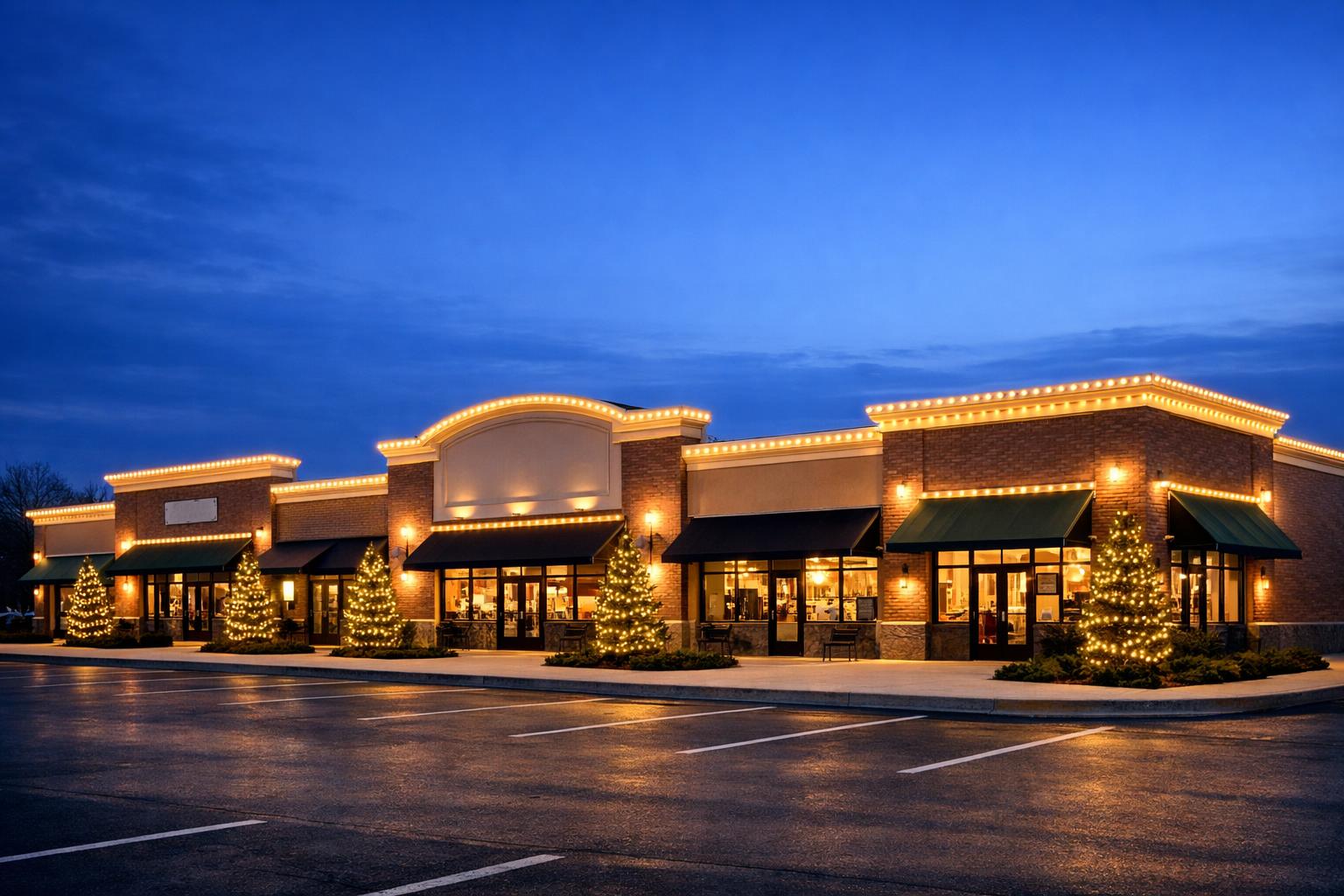 Sidewalk evergreen wraps and storefront lighting along an Indiana downtown retail corridor