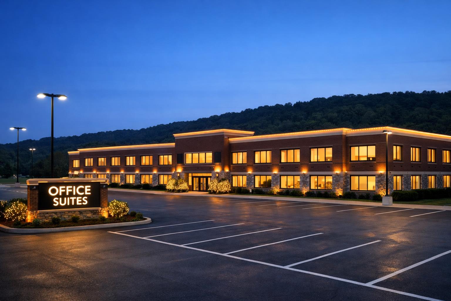 Office suite exterior lighting with warm-white entrance accents