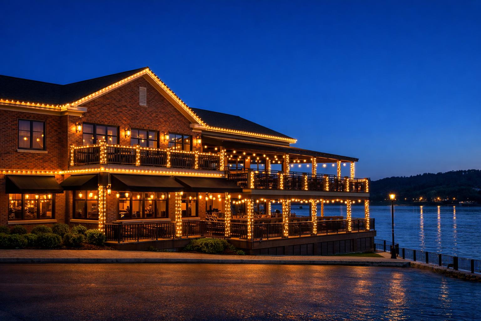 Riverfront restaurant patio and roofline lighting