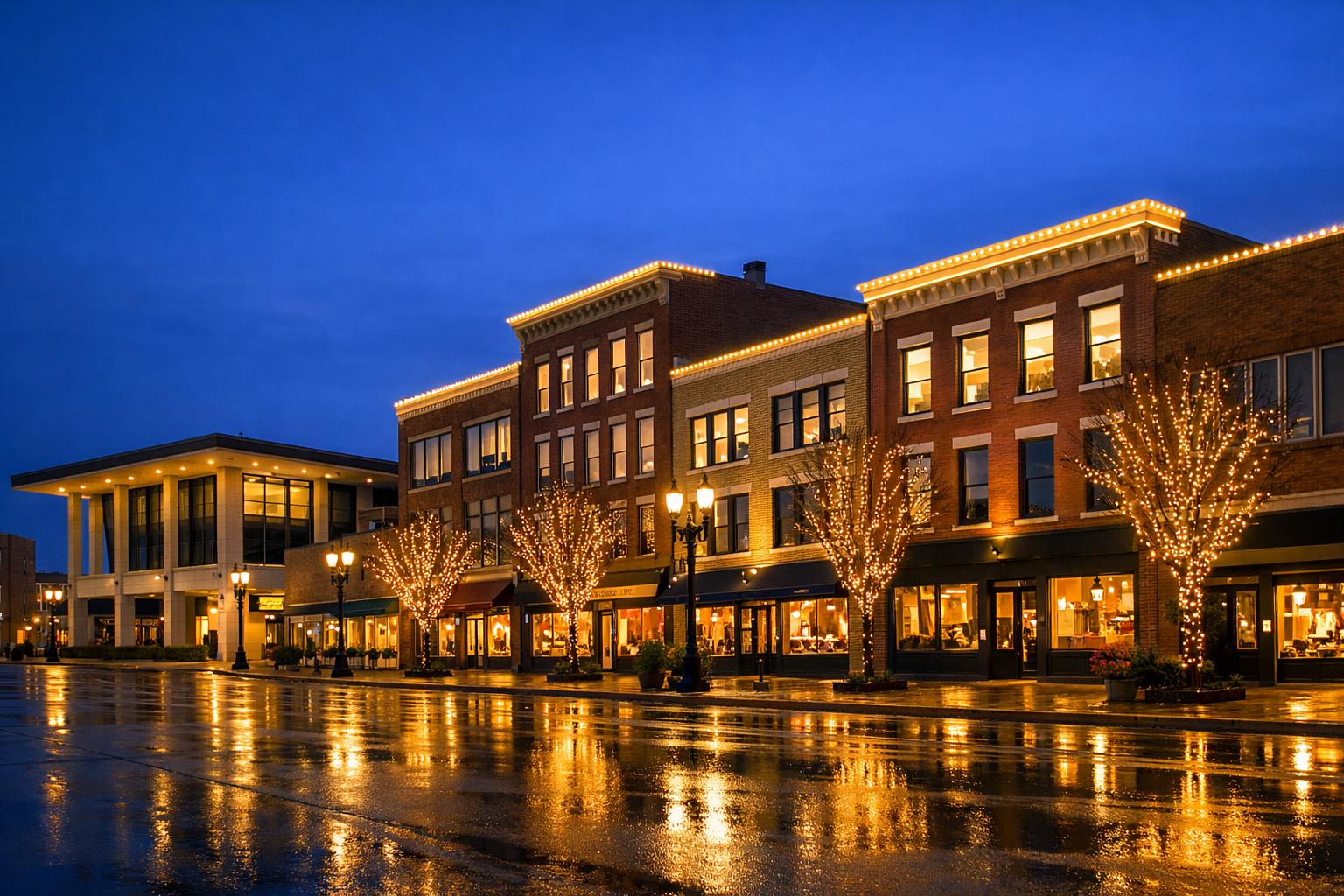 Downtown block holiday lighting program with coordinated storefront treatment