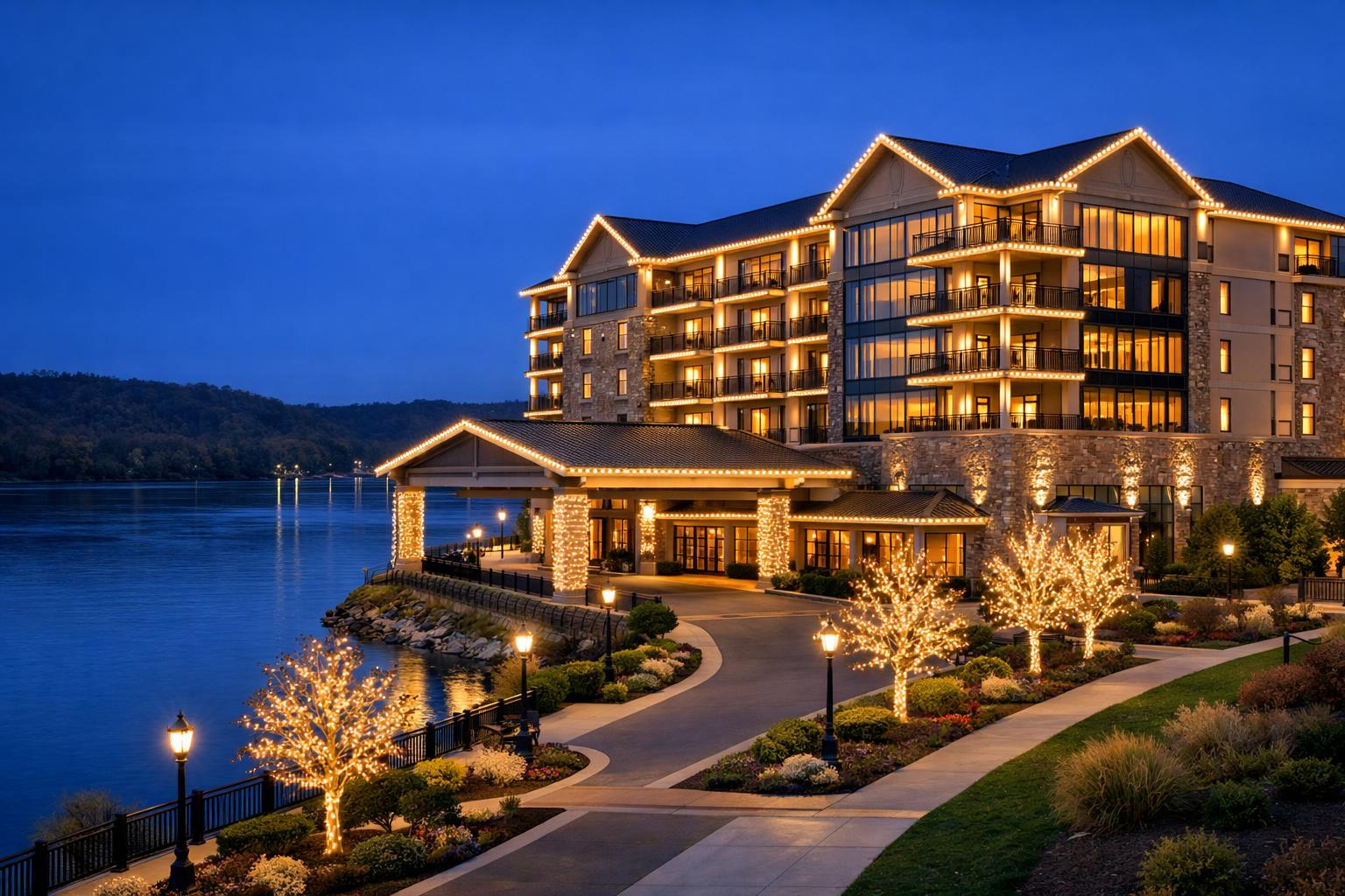 Hospitality property with balcony edge and porte-cochere column lighting