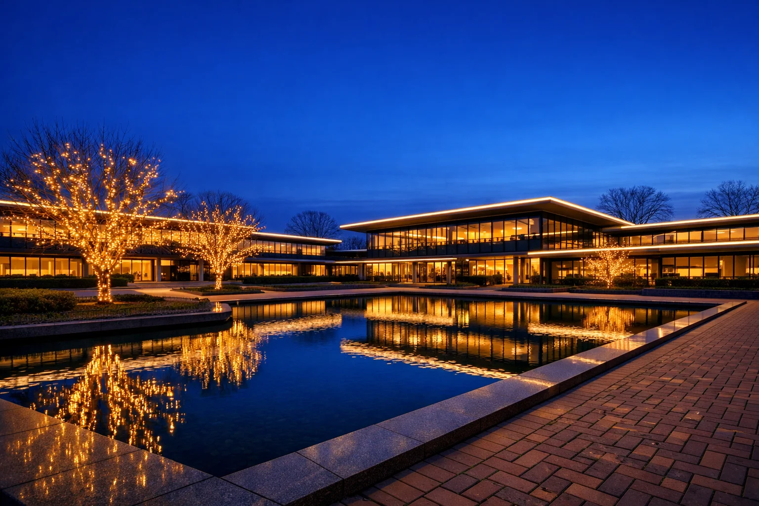 Indiana commercial building at dusk with warm architectural holiday lighting