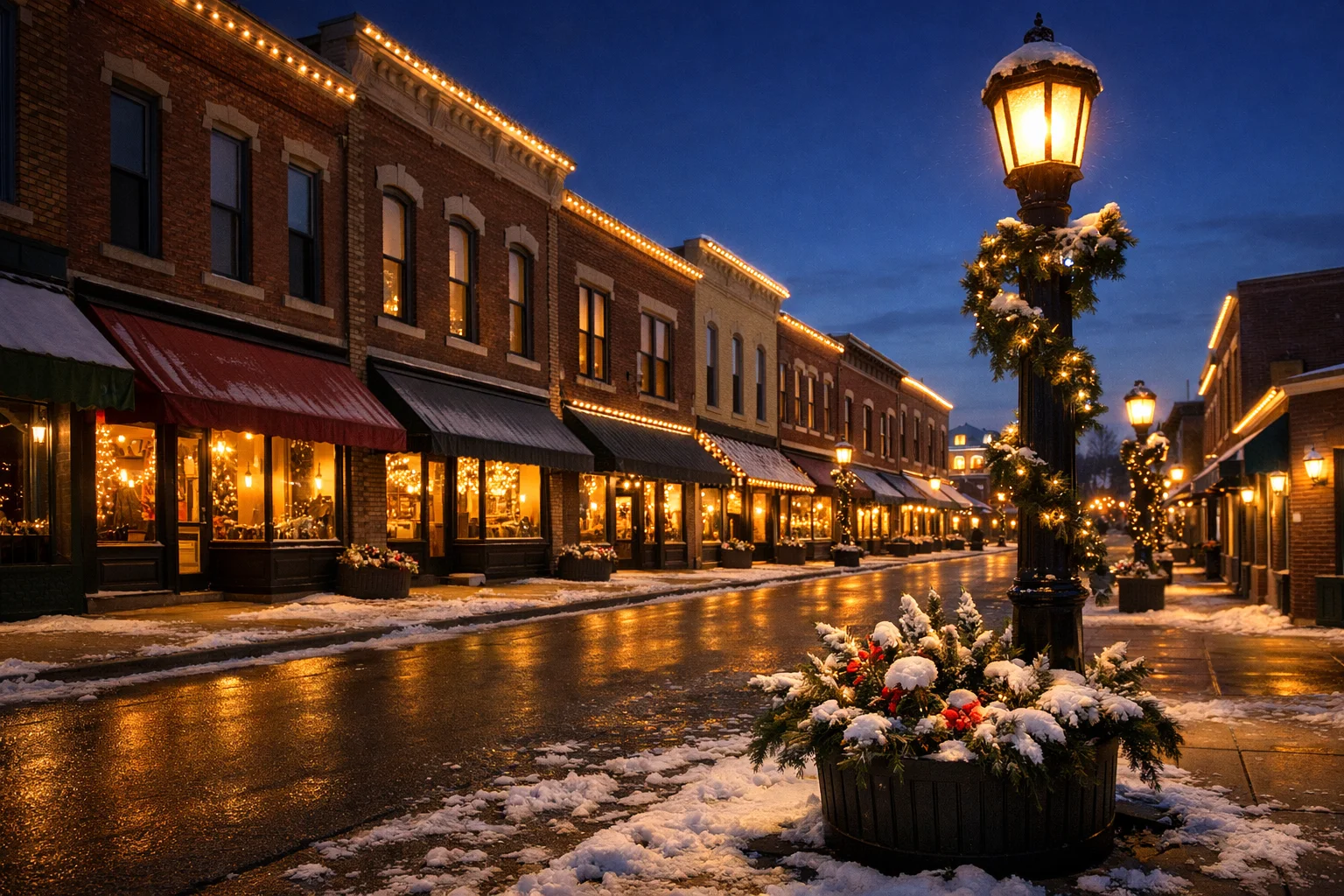 Indiana property with professionally installed warm holiday lighting at dusk