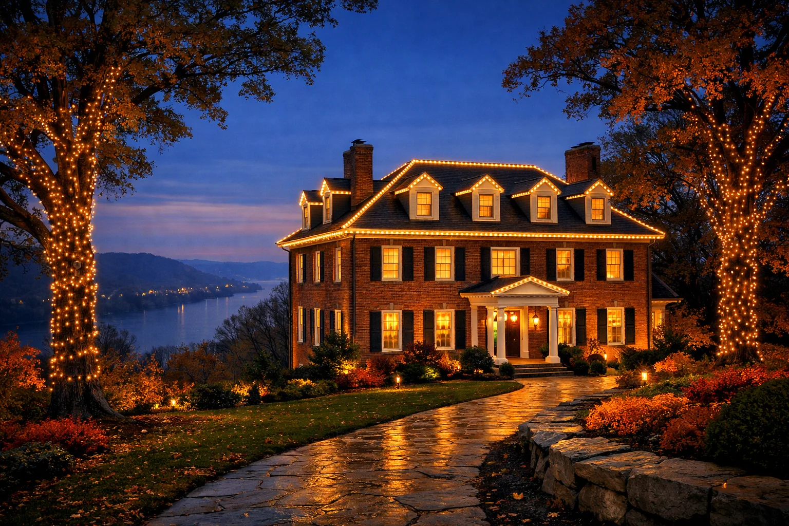 Indiana home with warm holiday roofline lighting and wrapped trees in winter at blue-hour twilight