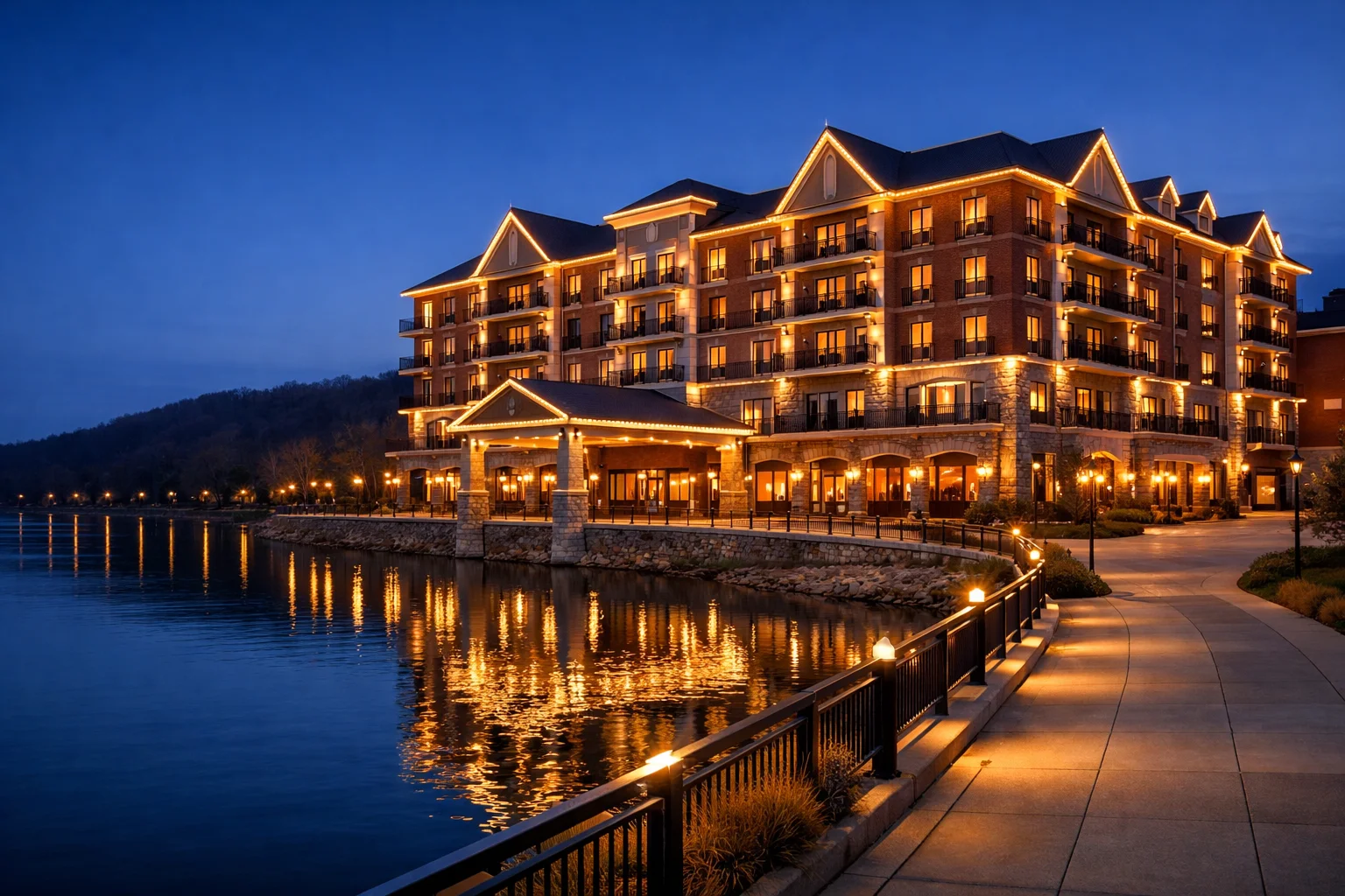 Illuminated riverfront hospitality property at dusk on the Ohio River in Lawrenceburg, Indiana