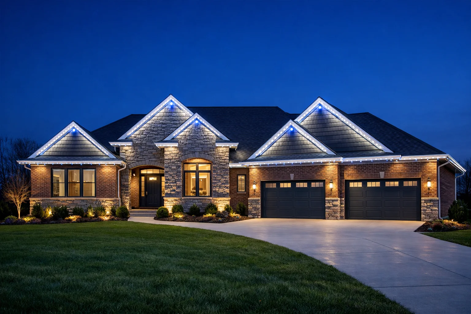 Indiana home with permanent warm-white LED roofline lighting on a winter evening