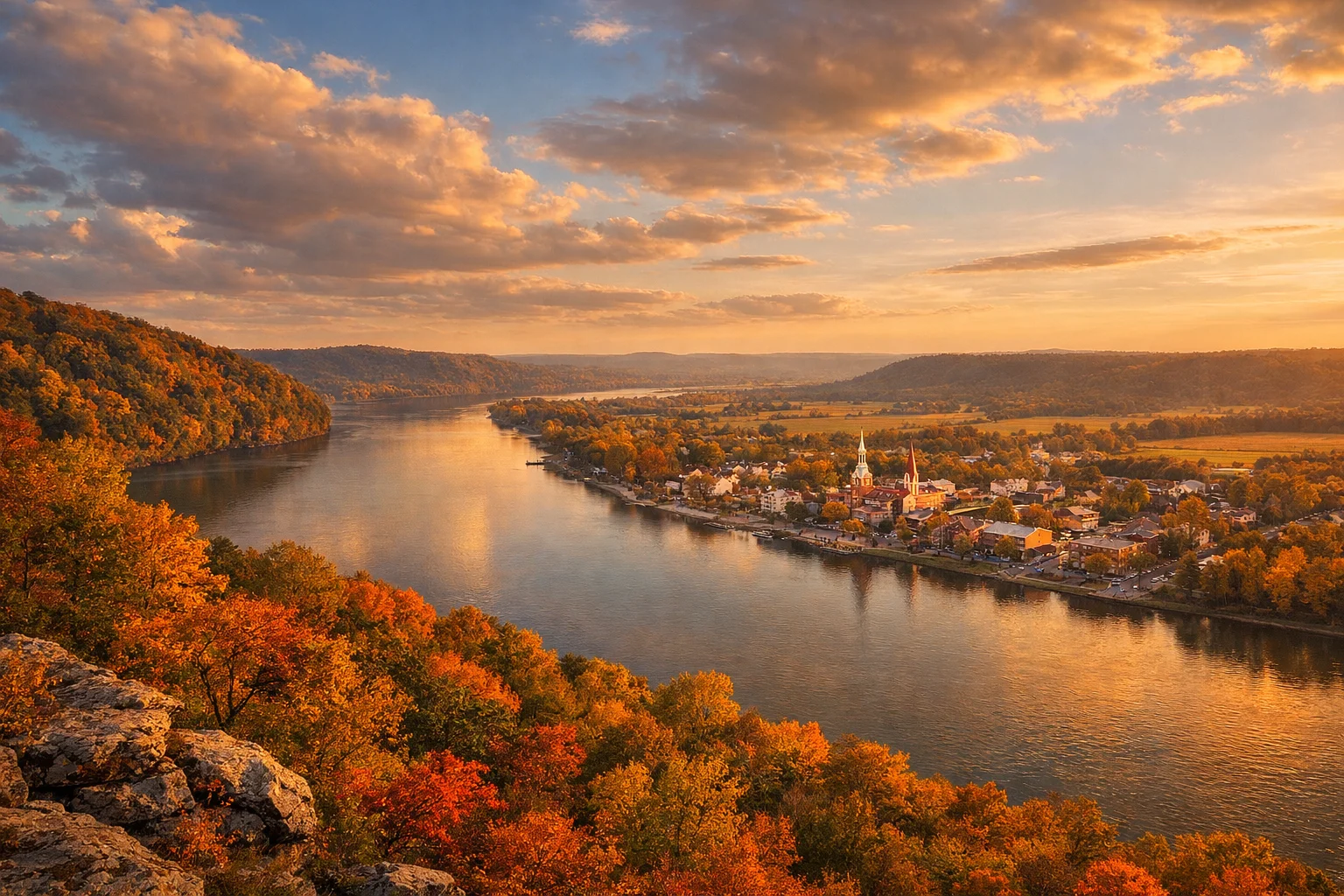 Ohio River view across the Indiana service area at twilight